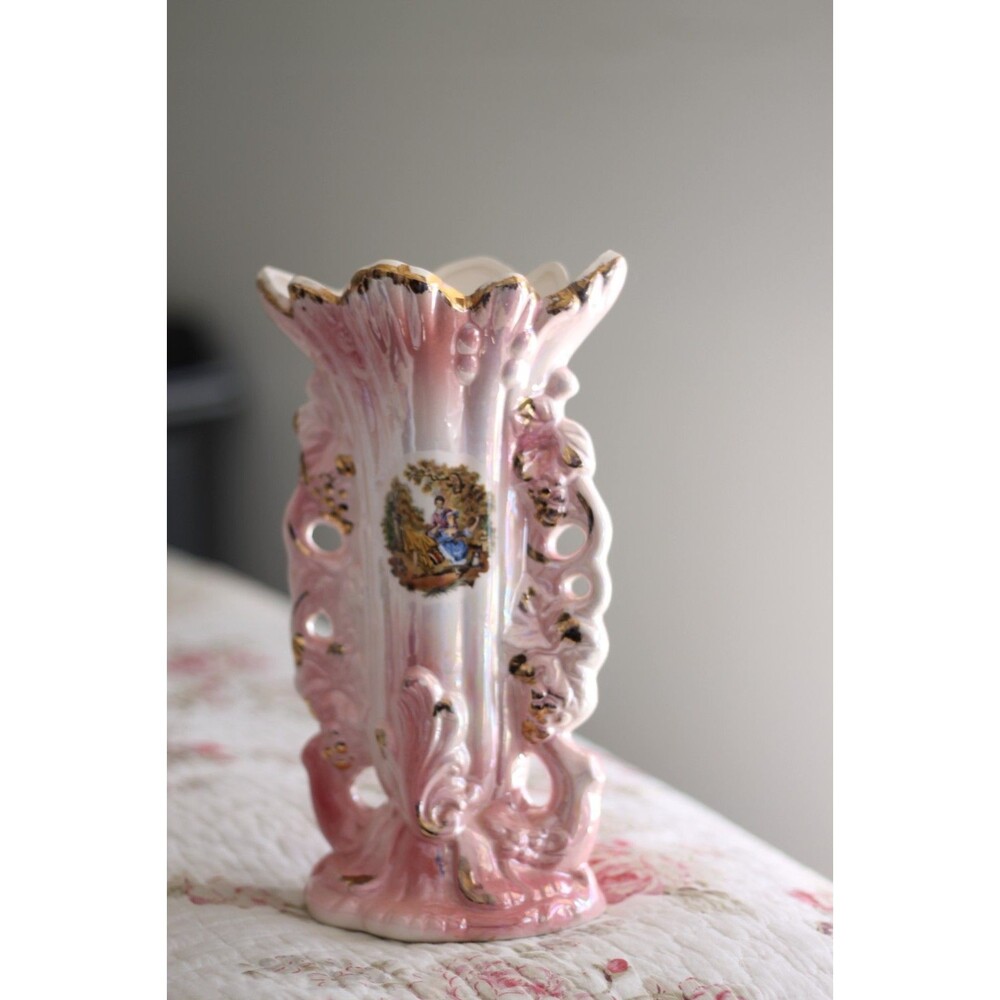 Vintage Ornate pink, White, and Gold Vase with Pearlescent Glaze Victorian Style